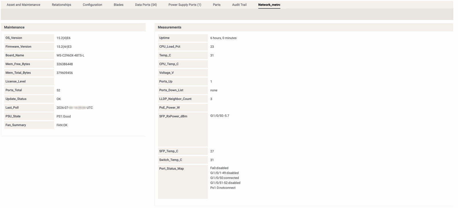 Cisco WS-C2960X switch metrics including SFP Rx power and port status map in dcTrack
