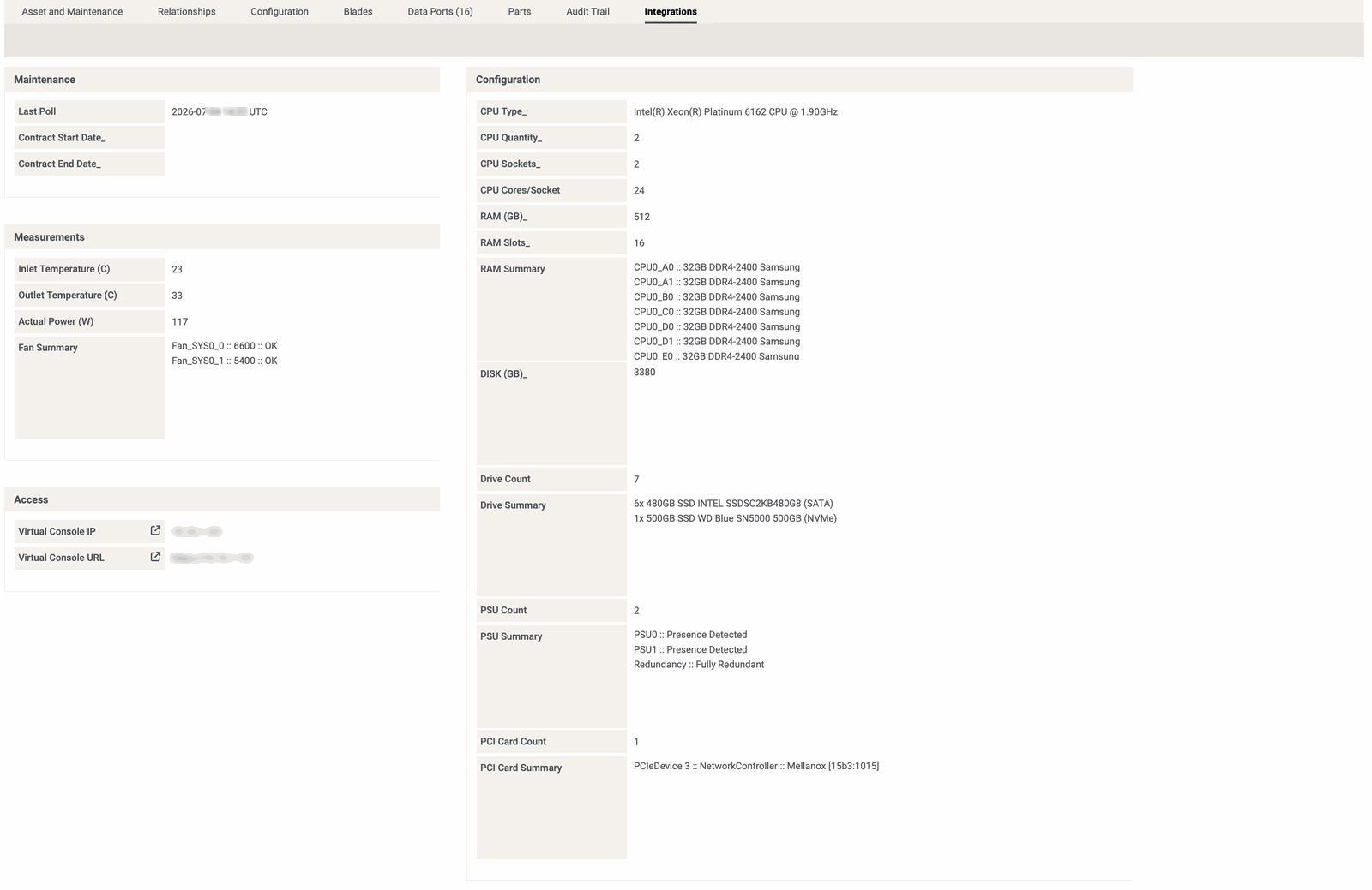Telemetry written into dcTrack custom fields on a Dell node